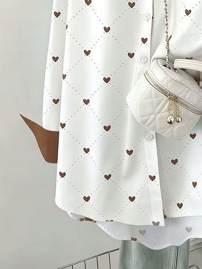 Women’s White Heart Print Button-Down Shirt