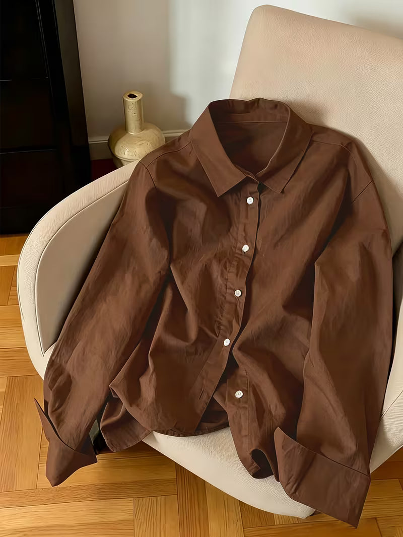 Women’s Chocolate Brown Satin Button-Down Shirt