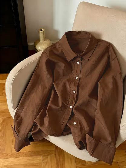 Women’s Chocolate Brown Satin Button-Down Shirt