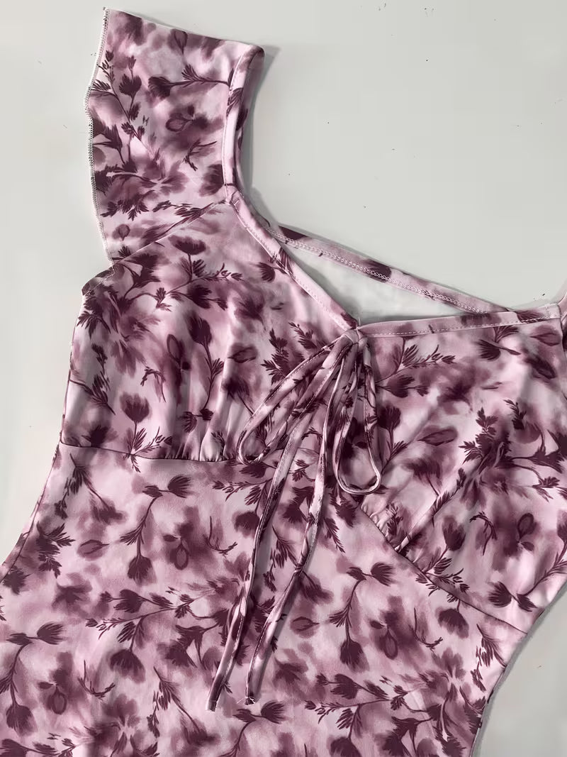 Lavender Floral Ruched Midi Dress
