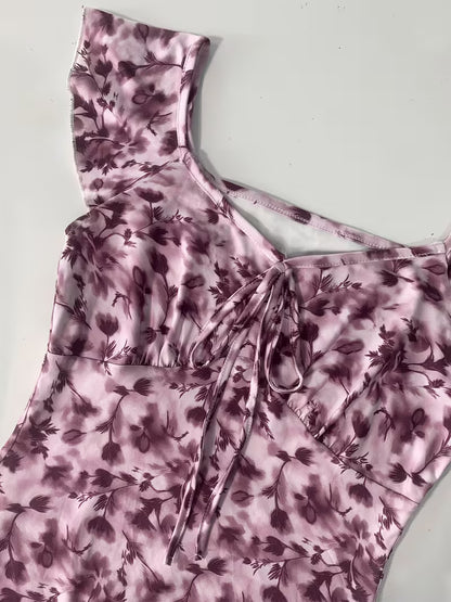Lavender Floral Ruched Midi Dress