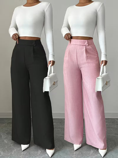 High-Waisted Wide-Leg Button-Front Trousers – Pack of 2