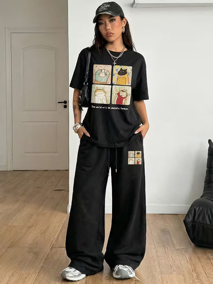 Women's Cat Print Co-Ord Set – T-Shirt & Wide-Leg Pants