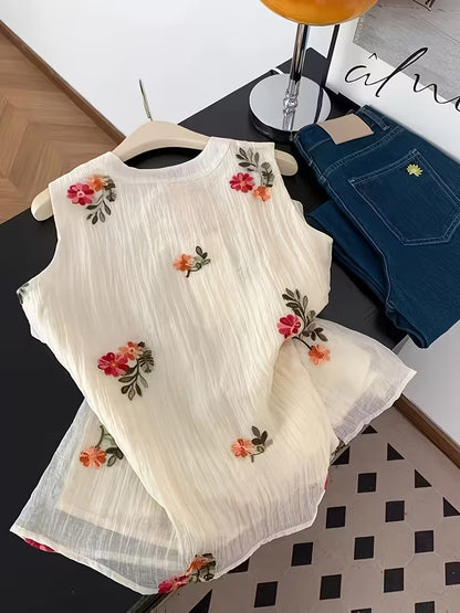Floral Button-Down Cotton Sleeveless Top