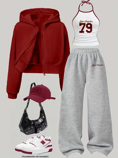Women’s Red Cropped Hoodie & Grey Wide-Leg Pants 3-Piece Co-Ord Set