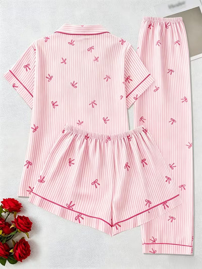 Women’s Pink Bow Print Striped Pajama Set – Short Sleeve Button-Up Top & Shorts
