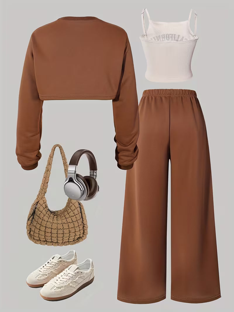 Women’s Brown Crop Sweatshirt & Wide-Leg Pants 3-Piece Co-Ord Set