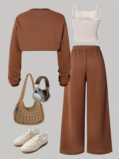 Women’s Brown Crop Sweatshirt & Wide-Leg Pants 3-Piece Co-Ord Set