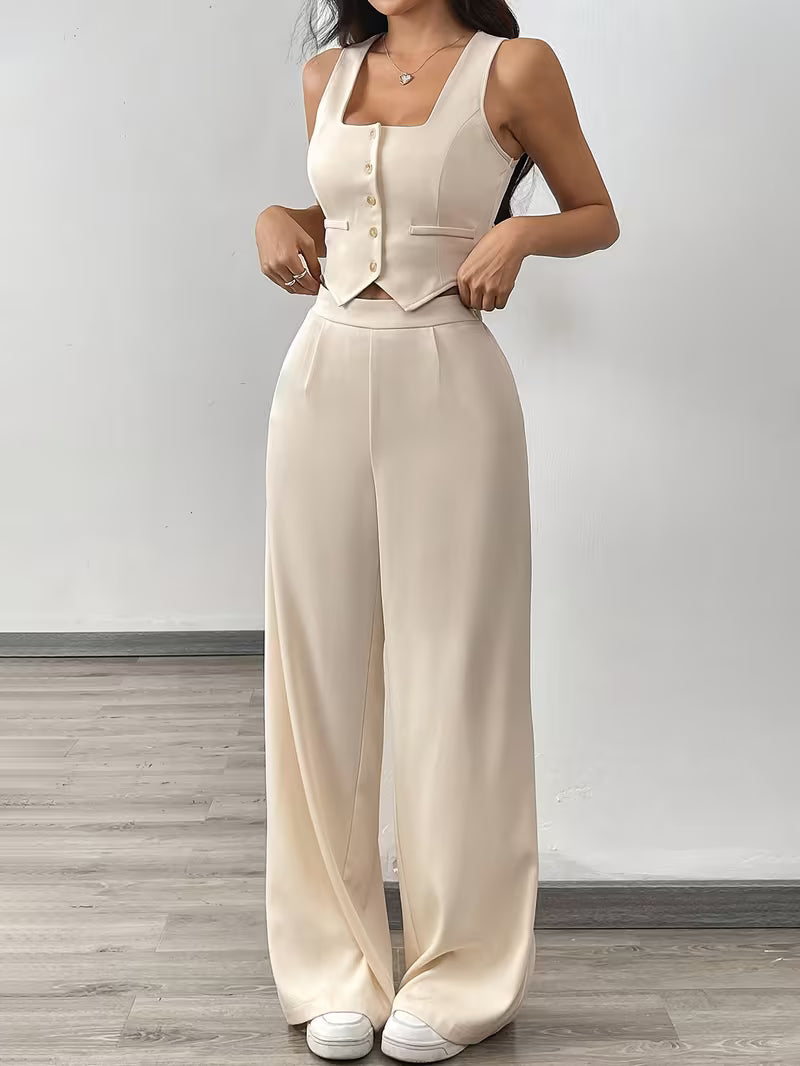Women’s Beige Sleeveless Button-Front Vest & Wide-Leg Pants Set
