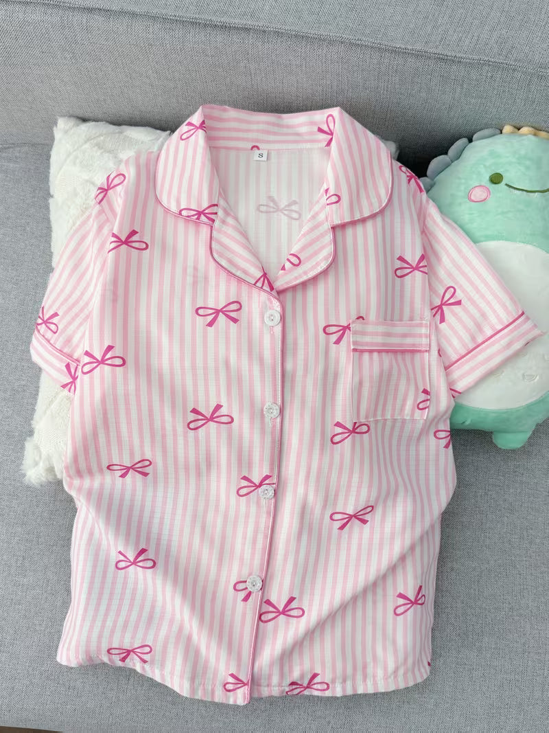 Women’s Pink Bow Print Striped Pajama Set – Short Sleeve Button-Up Sleepwear