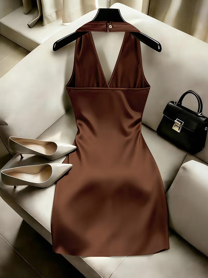 Chocolate Brown Satin Wrap Ruched Maxi Dress