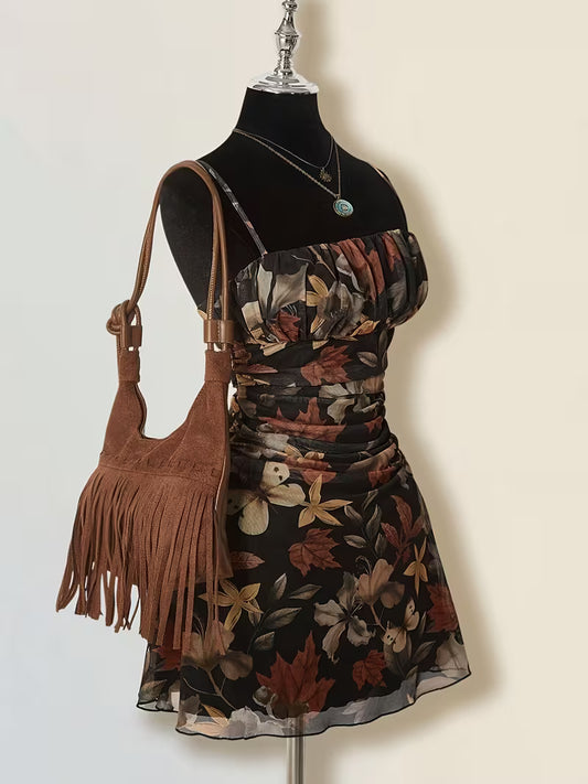Black Floral Ruched Spaghetti Strap Maxi Dress