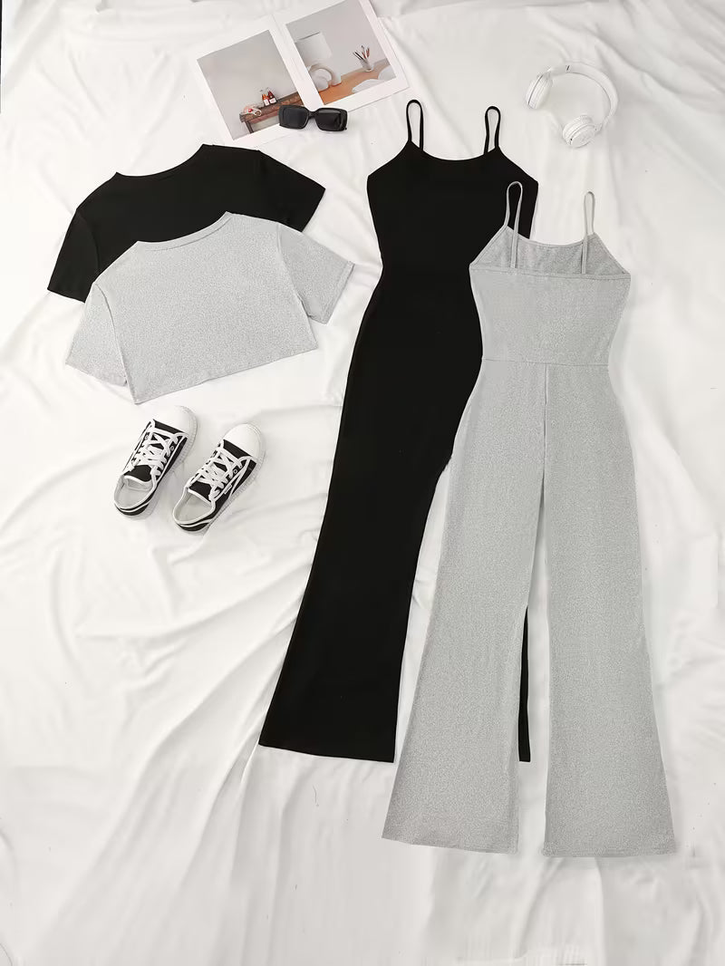 Women’s 4-Piece Crop Top & Wide-Leg Jumpsuit Set
