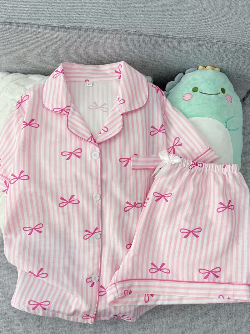 Women’s Pink Bow Print Striped Pajama Set – Short Sleeve Button-Up Sleepwear