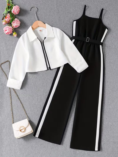 Women’s Black & White Striped Jumpsuit with Cropped Jacket