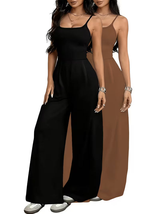 Women’s Solid Wide-Leg Jumpsuit – Set of 2