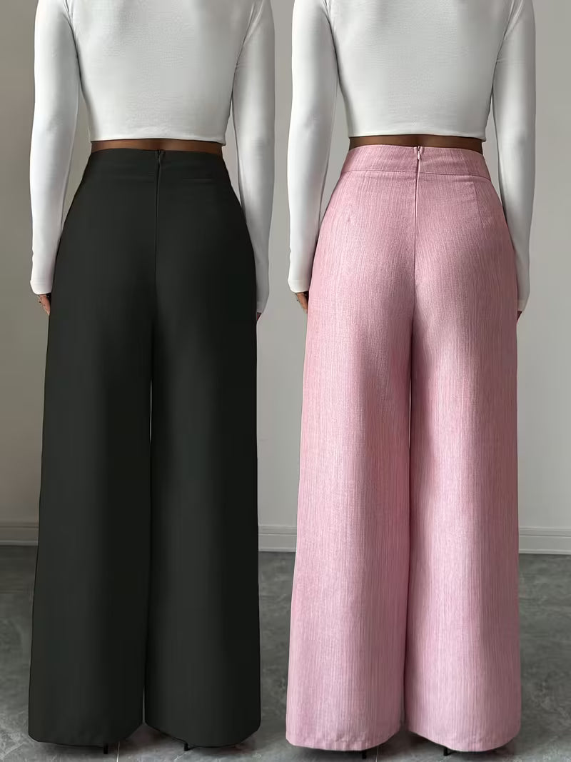 High-Waisted Wide-Leg Button-Front Trousers – Pack of 2