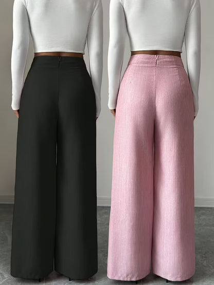 High-Waisted Wide-Leg Button-Front Trousers – Pack of 2