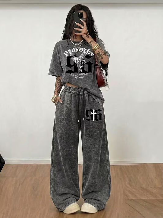 Women's Vintage Graphic Print Co-Ord Set – T-Shirt & Wide-Leg Pants