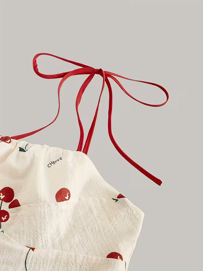 Cherry Print Tie-Strap Mini Dress