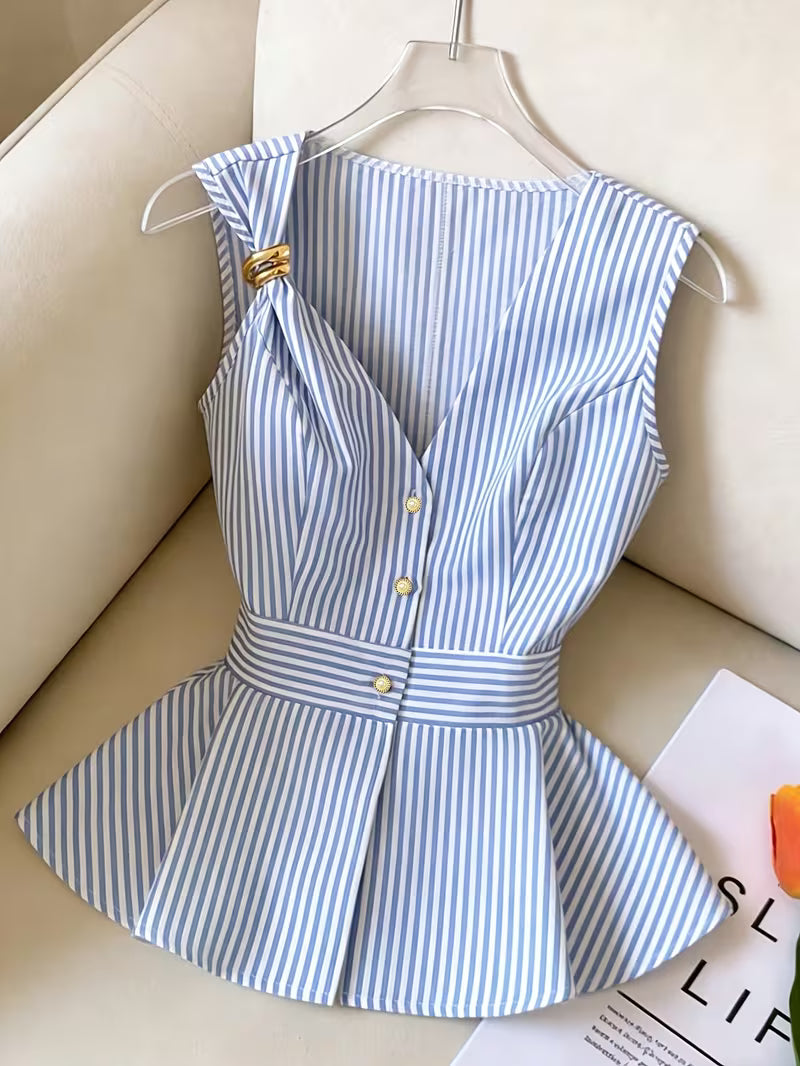 Blue & White Striped Button-Front Peplum Top