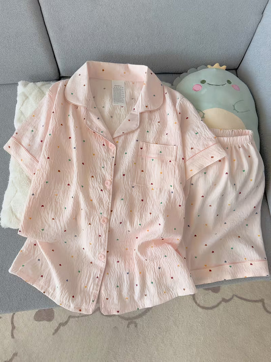 Women’s Heart Print Pajama Set – Short Sleeve Button-Up Sleepwear