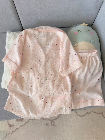 Women’s Heart Print Pajama Set – Short Sleeve Button-Up Sleepwear