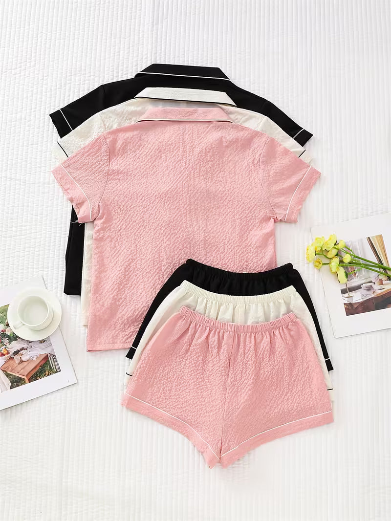Women’s Set of 3 Solid Color Pajama Sets – Short Sleeve Button-Up Sleepwear