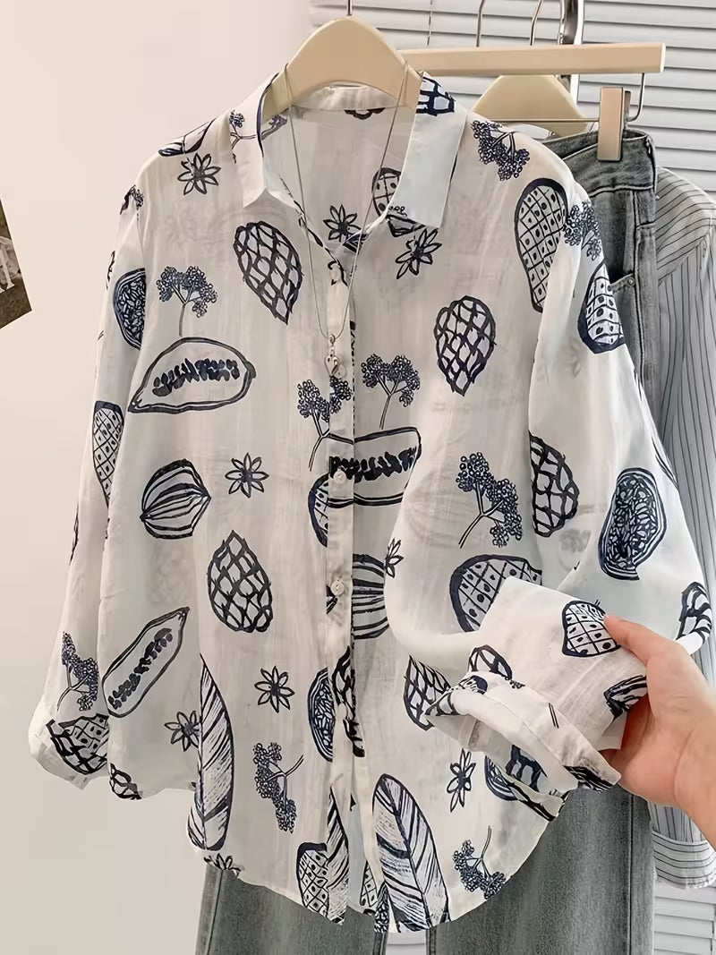 White printed button-down shirt.