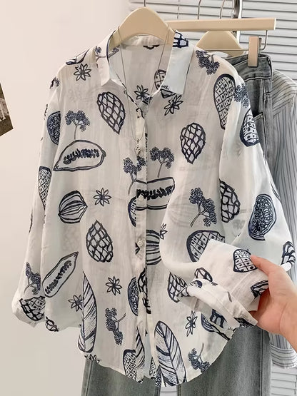 White printed button-down shirt.