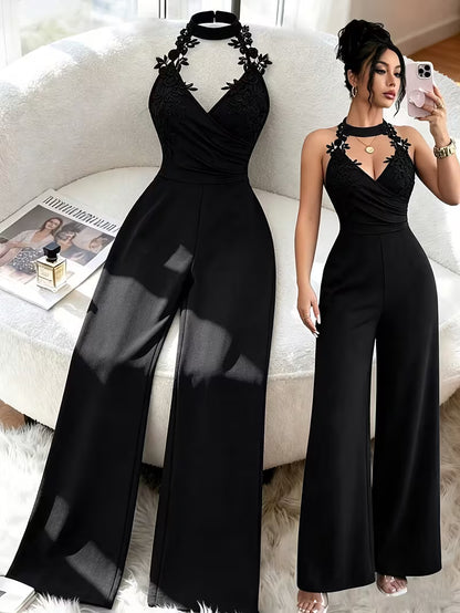 Women’s Black Floral Halter Neck Wide-Leg Jumpsuit