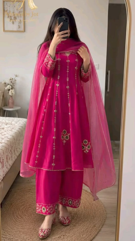 Women’s Hot Pink Embroidered 3-Piece Anarkali Suit Set with Dupatta
