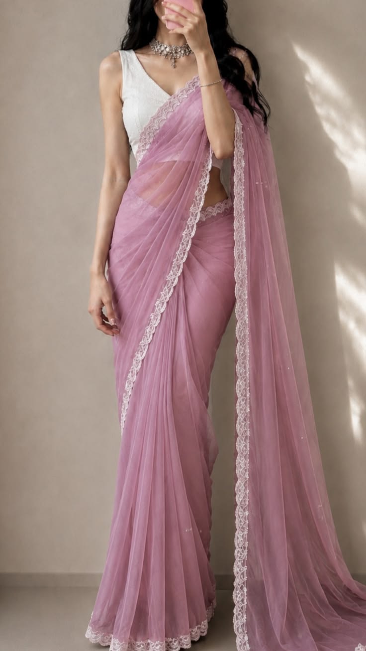 Elegant Mauve Pink Saree with White Floral Lace Border and Matching Blouse