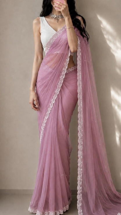 Elegant Mauve Pink Saree with White Floral Lace Border and Matching Blouse