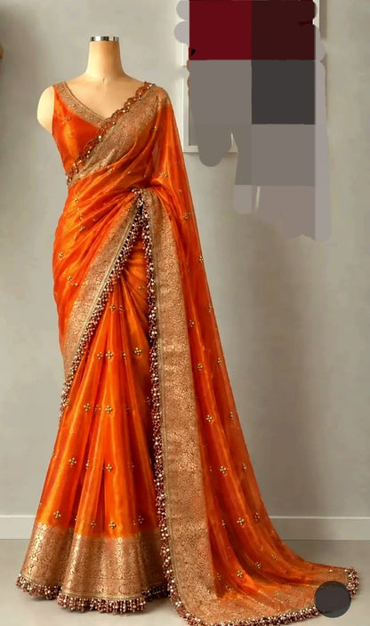 Royal Orange Silk-Style Saree with Heavy Gold Zari Border & Pearl Tassels