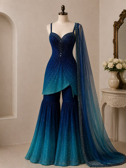 Midnight Teal Ombre Sequin Sharara Set