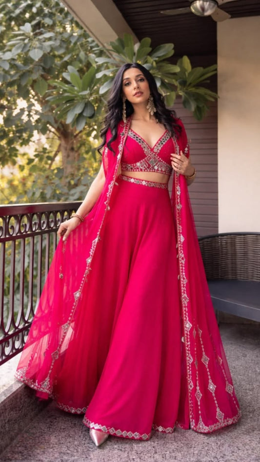 Elegant Fuchsia Pink Embroidered Cotton Lehenga Set with Dupatta