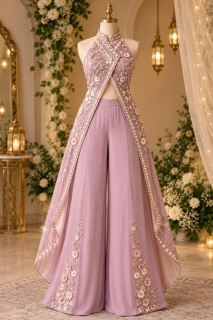 Women’s Lavender Floral Embroidered Halter Cape Top & Palazzo Pants Set