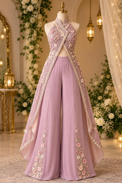 Women’s Lavender Floral Embroidered Halter Cape Top & Palazzo Pants Set