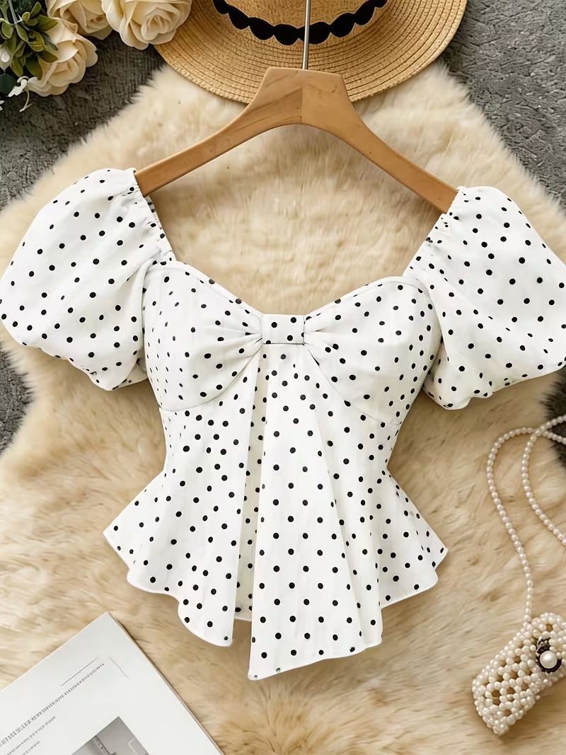 Polka Dot Bow Front Peplum Top