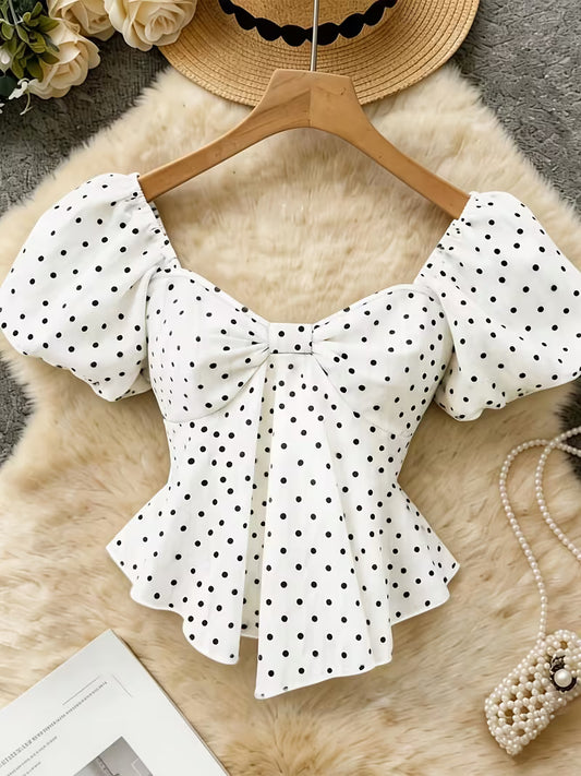 Polka Dot Bow Front Peplum Top