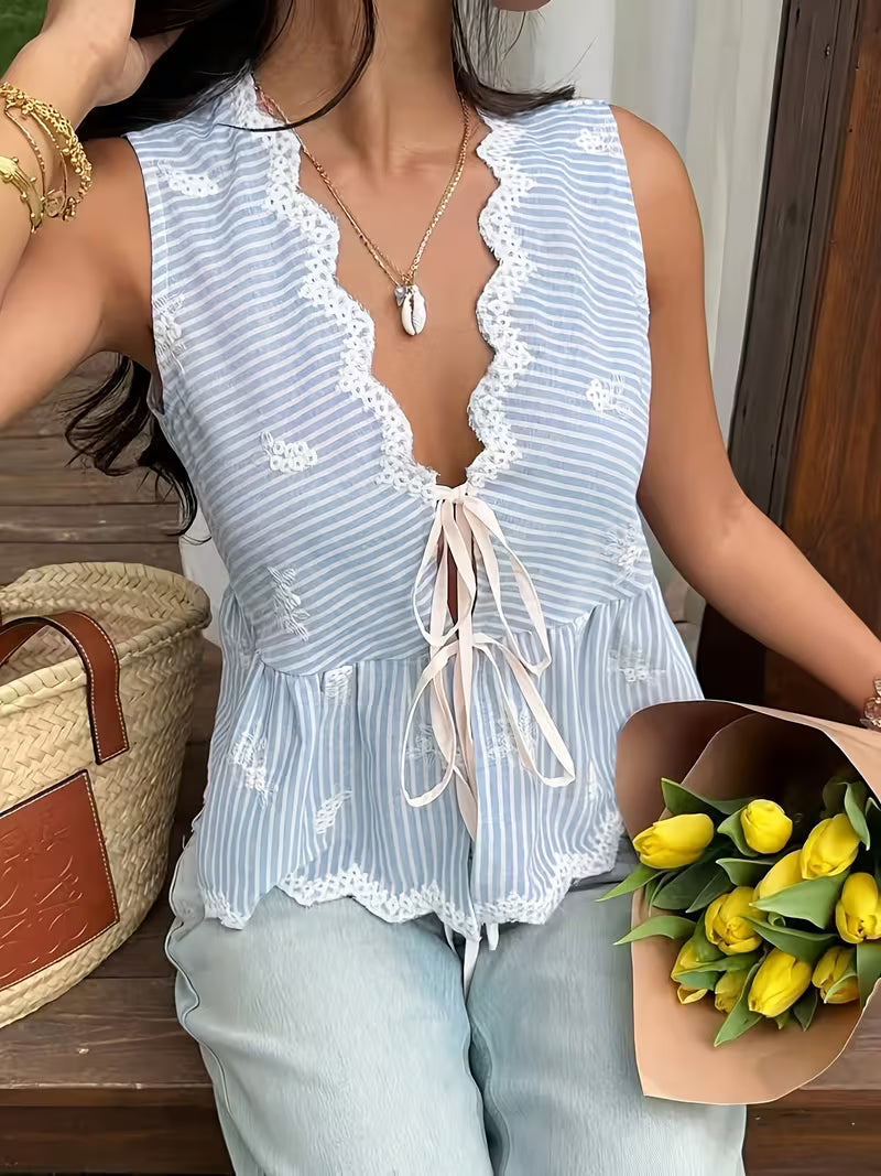 Women’s Blue Striped Lace Trim Sleeveless Peplum Top