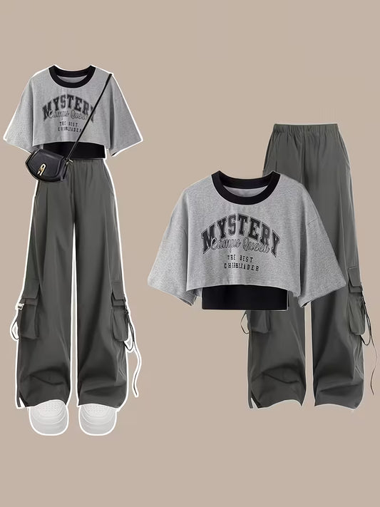 Women's 3-Piece Graphic Crop Top & Cargo Pants Co-Ord Set