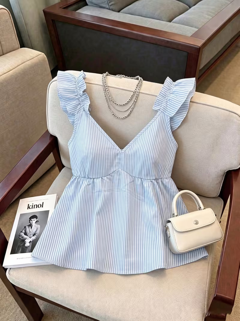 Blue & White Striped Ruffle Peplum Top