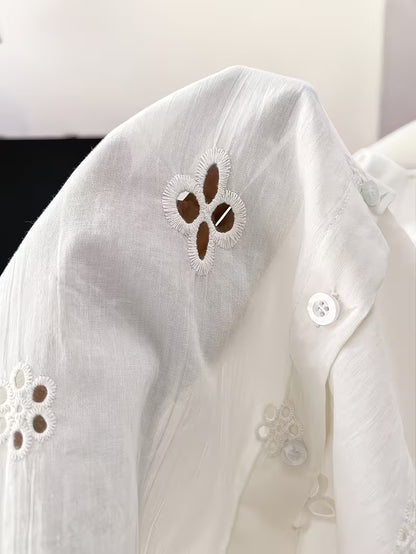 Women’s White Floral Eyelet Embroidery Button-Down Shirt