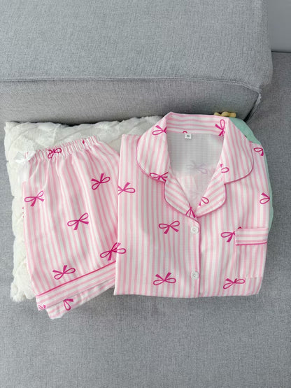 Women’s Pink Bow Print Striped Pajama Set – Short Sleeve Button-Up Sleepwear