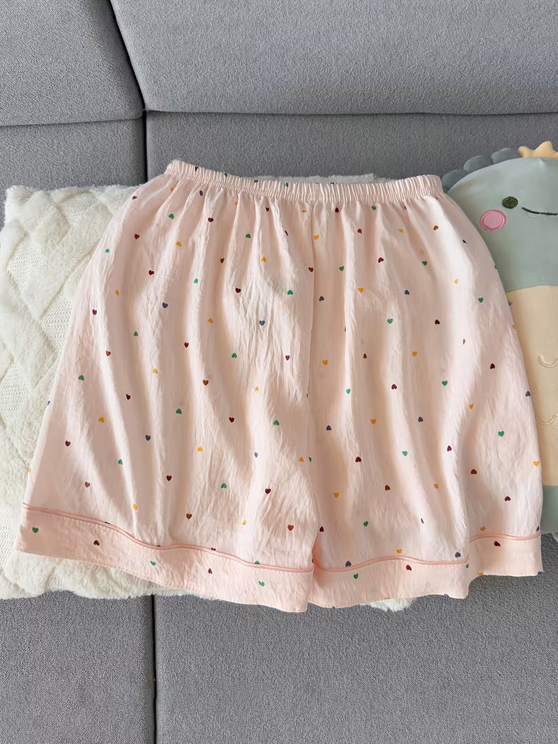 Women’s Heart Print Pajama Set – Short Sleeve Button-Up Sleepwear