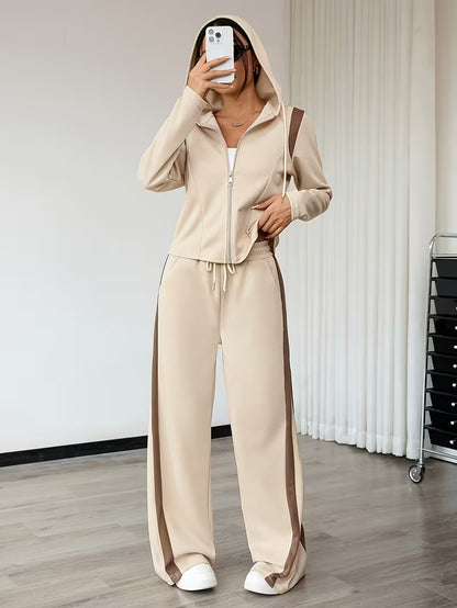 Women’s Beige Hooded Jacket and Wide-Leg Pants Co-Ord Set with Brown Side Stripes