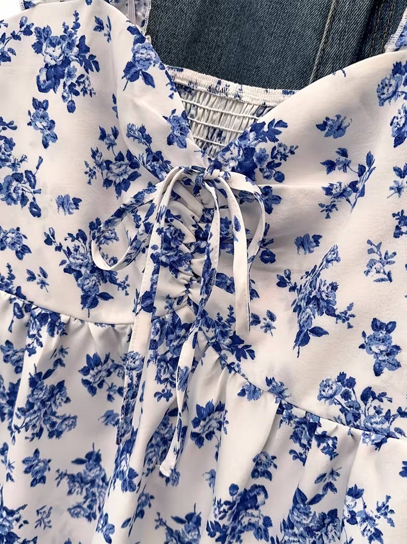 Blue Floral Print Tie-Front Peplum Cami Top