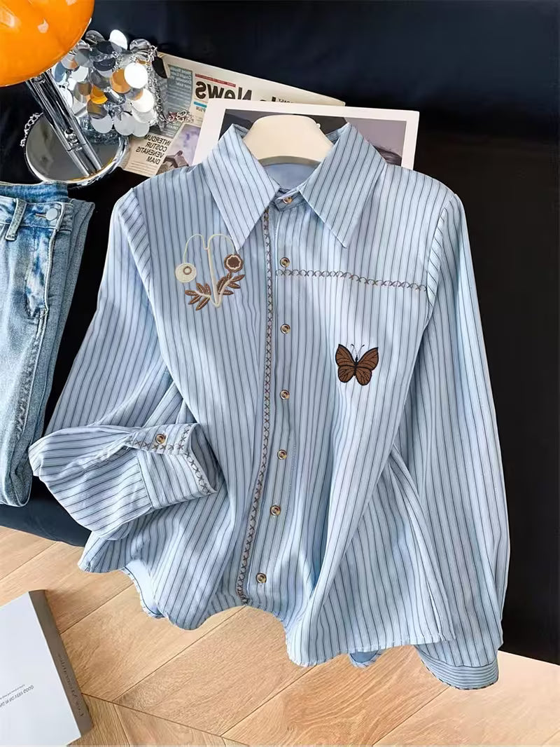 Women’s Light Blue Embroidered Butterfly & Floral Button-Down Shirt